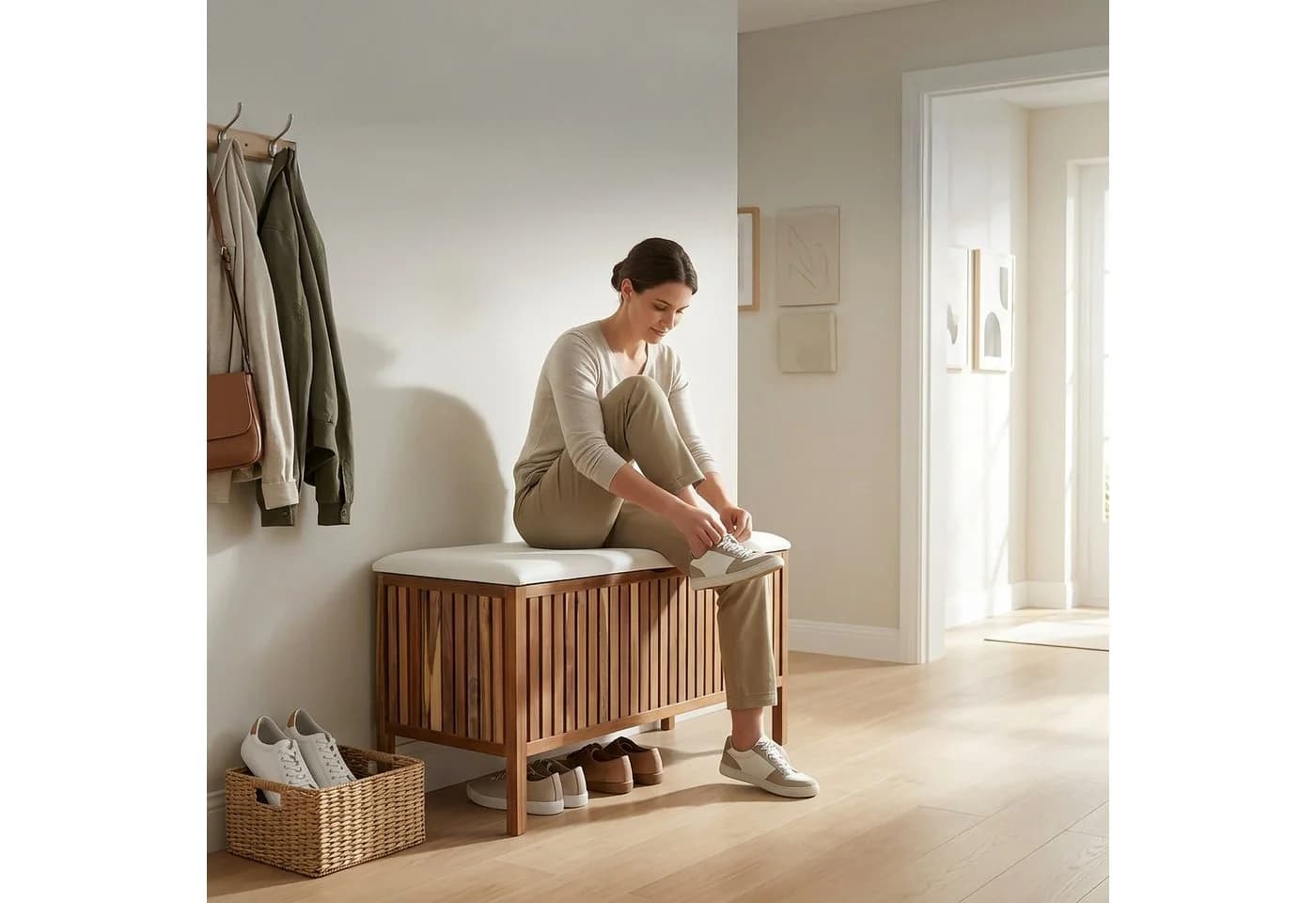 relaxdays Wäschetruhe aus Akazienholz mit weißem Sitzpolster - Bild 5