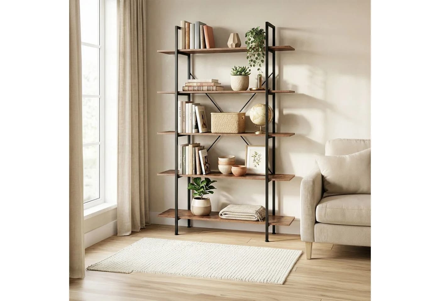 relaxdays Bücherregal Industrial 5 Ablagen Braun/Schwarz