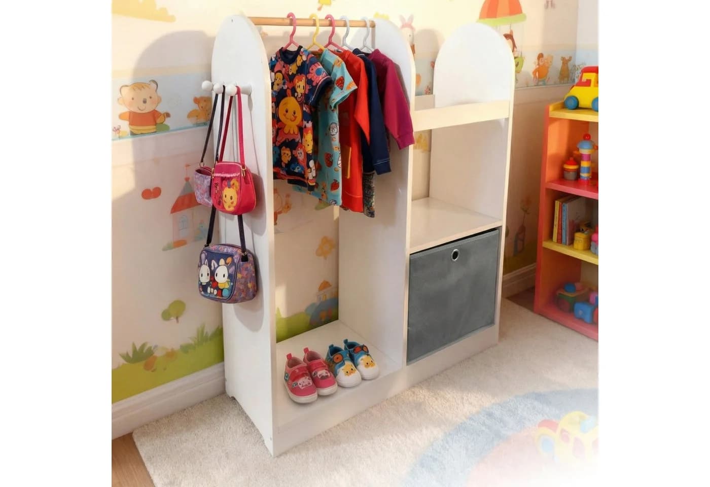relaxdays Kinderkleiderschrank Kindergarderobe mit Stoffbox Weiß/Schwarz - Bild 5
