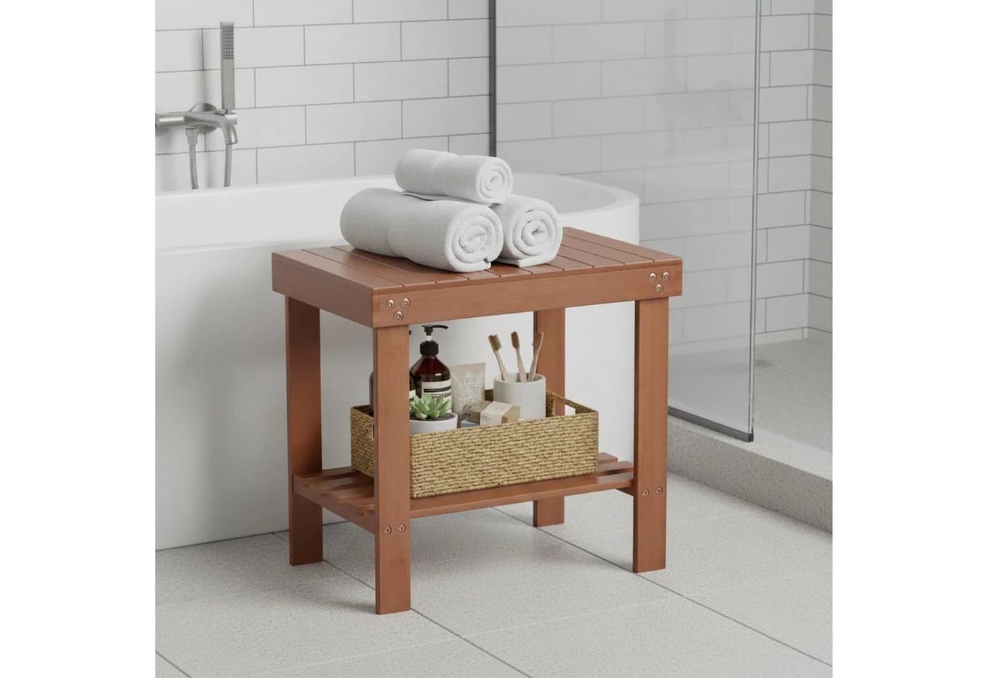 relaxdays Badhocker aus Bambus - 2 Ebenen, Natur