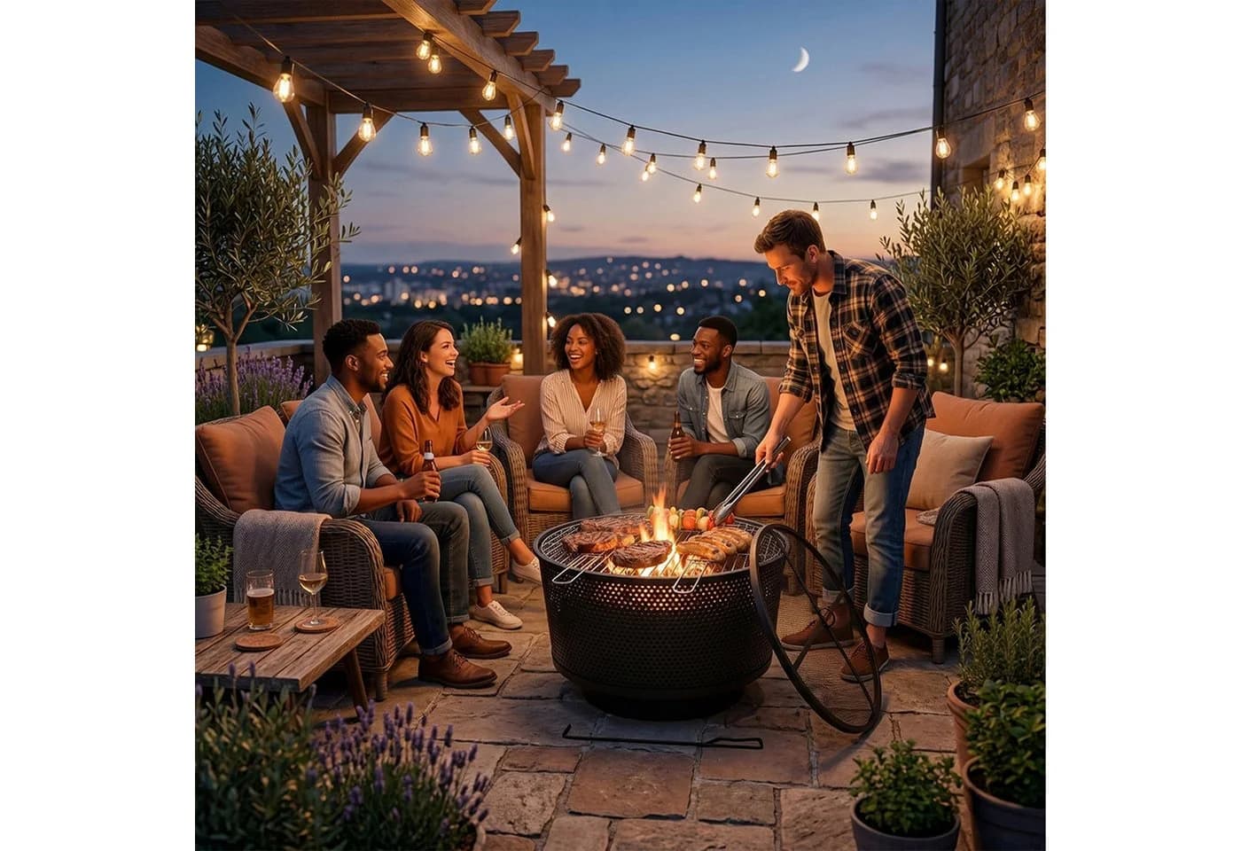 relaxdays Feuerschale mit Grillrost Schwarz 3in1 Multifunktion