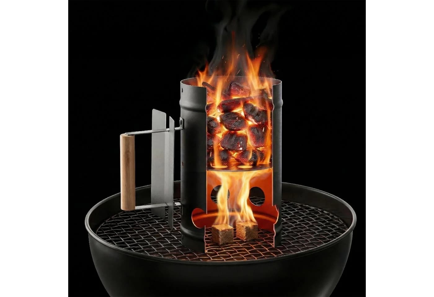 relaxdays Anzündkamin für den Grill Schwarz Kiefernholz Griff