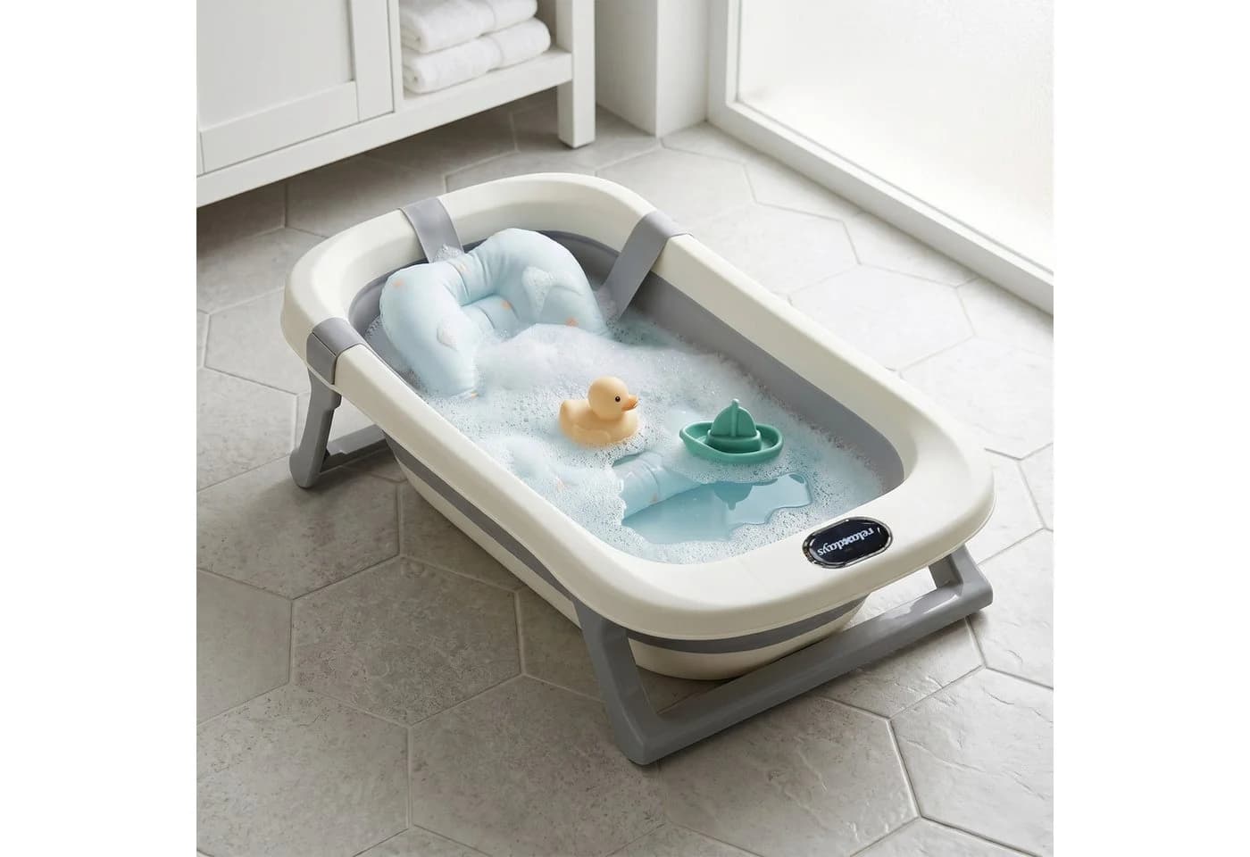 relaxdays Faltbare Babybadewanne mit Kissen, weiß/grau