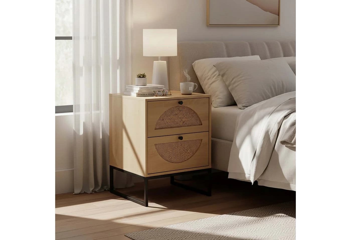 relaxdays Nachttisch mit Rattan-Details Schwarz/Natur