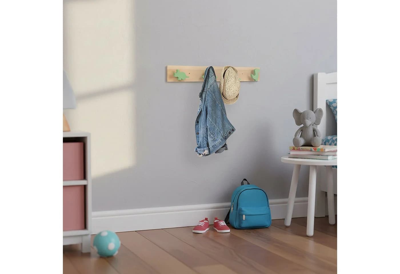 relaxdays Garderobenleiste Kindergarderobe 4 Haken Dino Grün