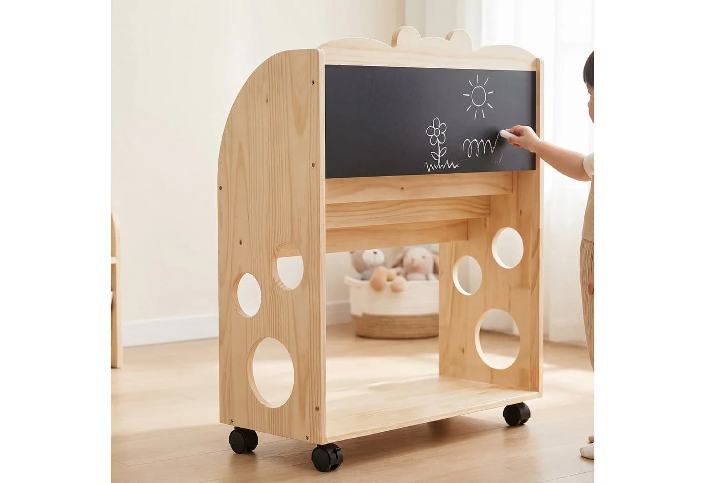 relaxdays Kinderregal mit Rollen und Kreidetafel Natur - Bild 3