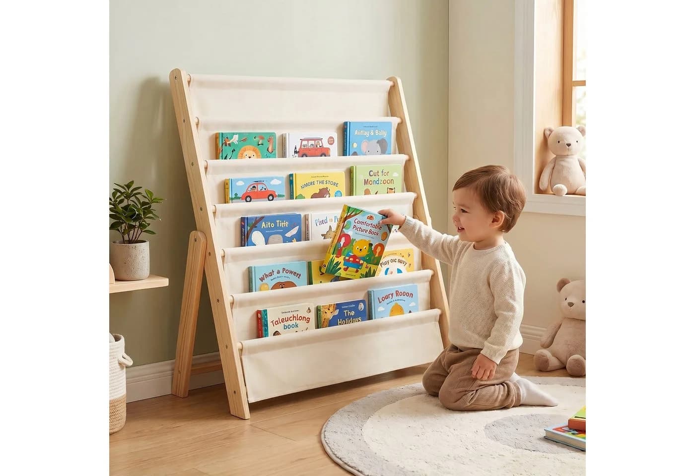 relaxdays Bücherregal Kinder 6 Stofffächer Weiß/Natur