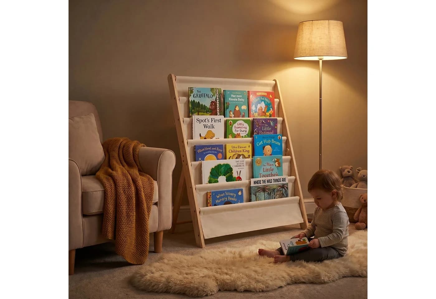 relaxdays Bücherregal Kinder 6 Stofffächer Weiß/Natur - Bild 5