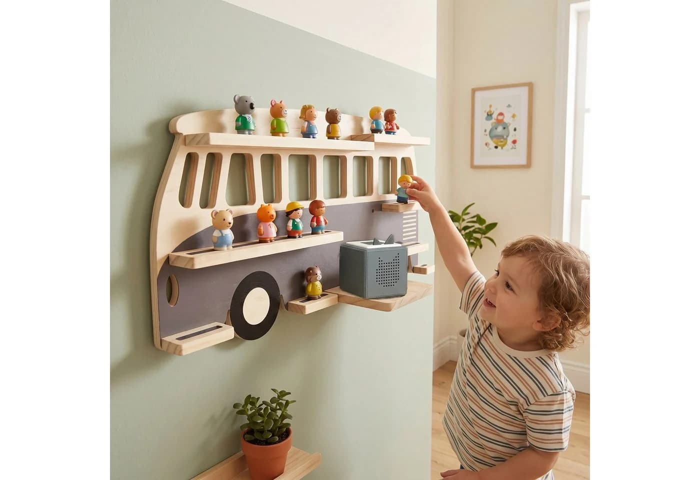 relaxdays Kinderregal Toniebox Regal Bus Grau/Natur
