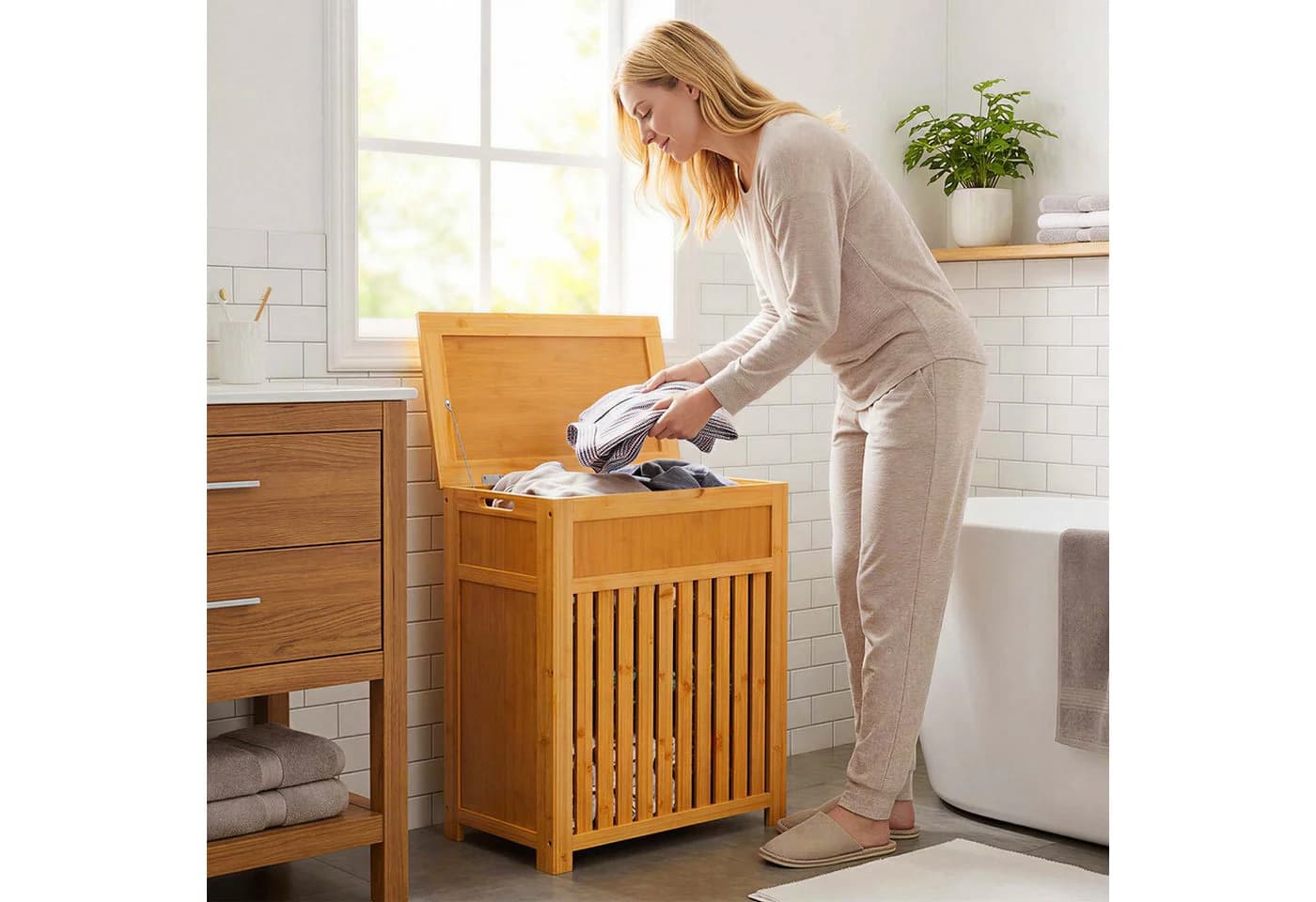relaxdays Wäschekorb mit Deckel Bambus Beige - Bild 5