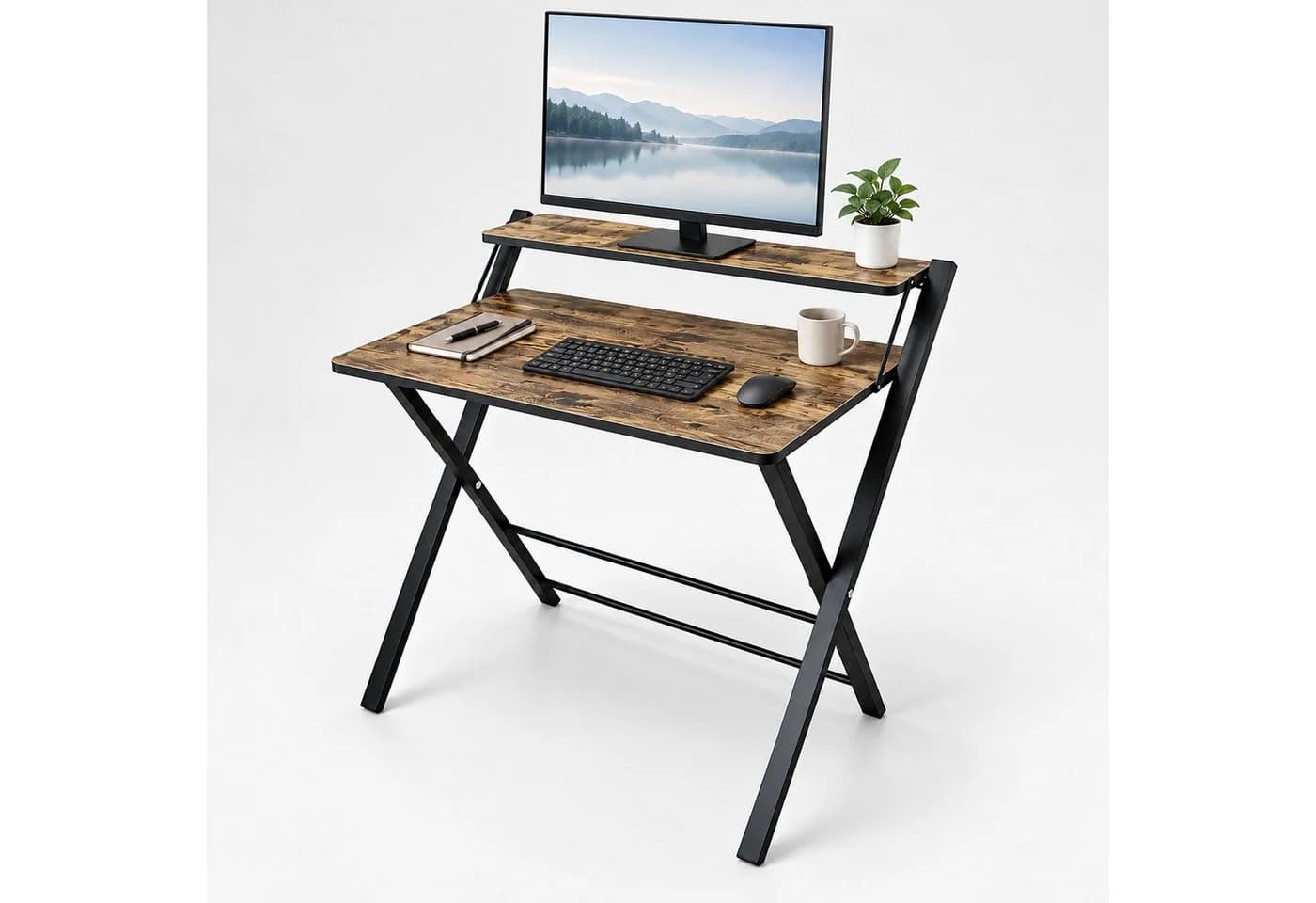 relaxdays Klappschreibtisch mit Monitoraufsatz Braun/Schwarz Industrial - Bild 2