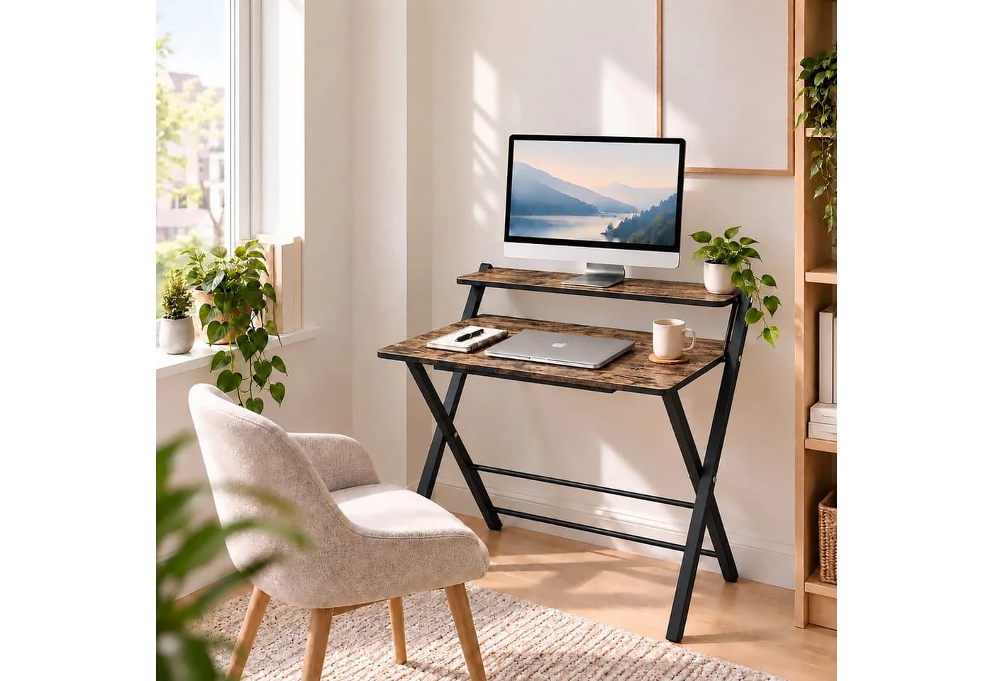 relaxdays Klappschreibtisch mit Monitoraufsatz Braun/Schwarz Industrial - Bild 5