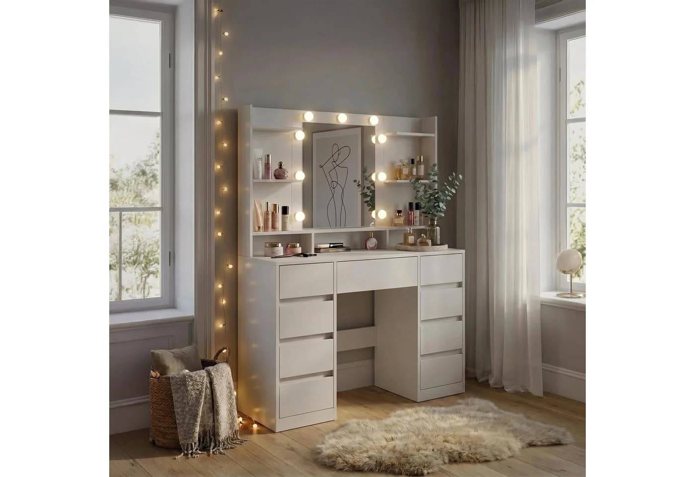 relaxdays Schminktisch mit LED-Beleuchtung und 9 Schubladen Weiß - Bild 5