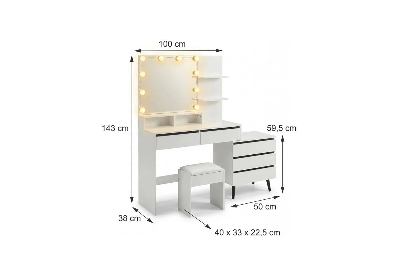 relaxdays Schminktisch mit LED Spiegel und Hocker Schwarz/Weiß - Bild 4