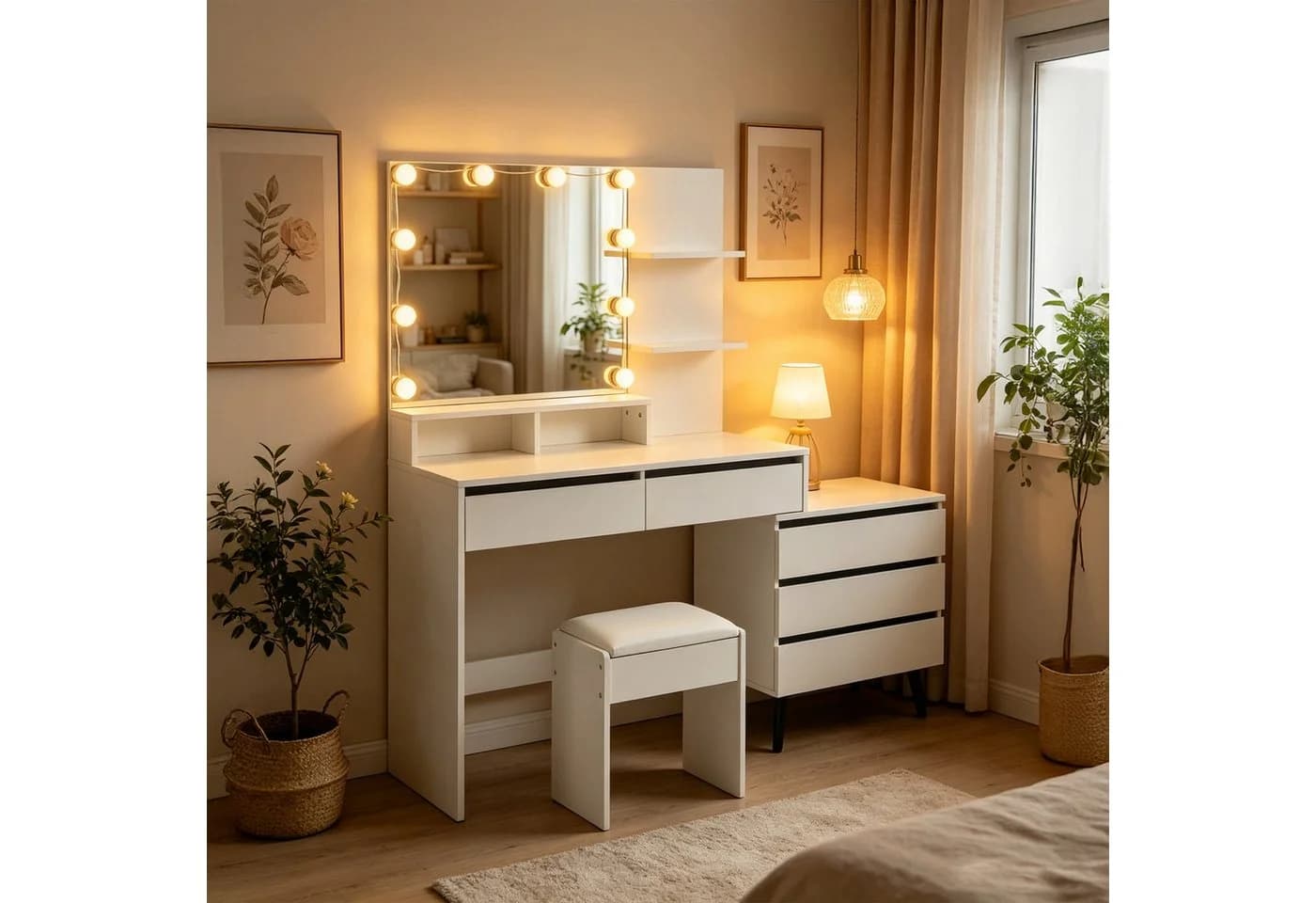 relaxdays Schminktisch mit LED Spiegel und Hocker Schwarz/Weiß - Bild 5