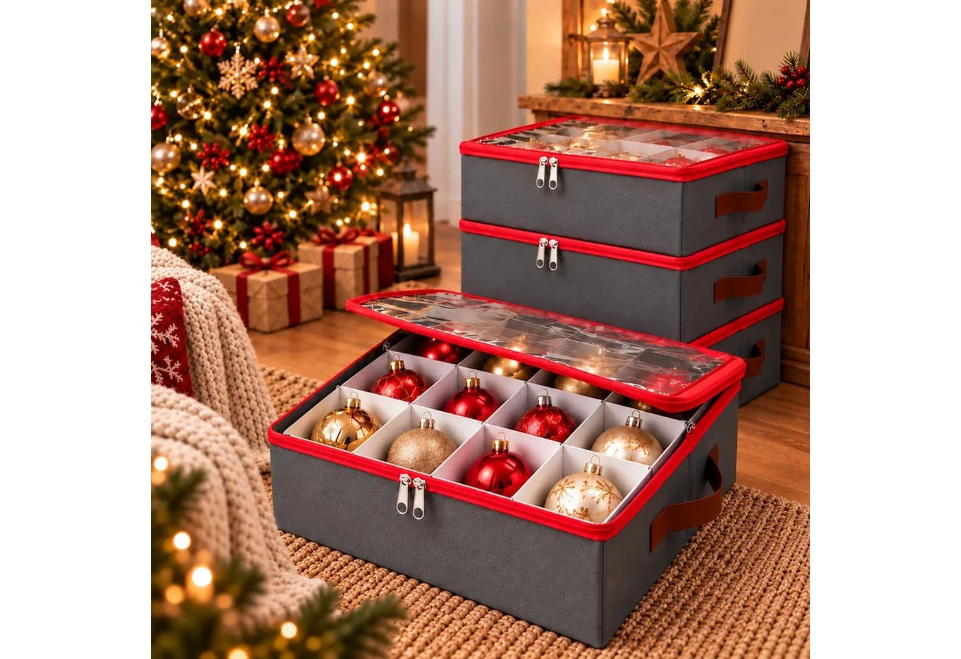relaxdays Aufbewahrungsbox Weihnachtskugel 4er Set Grau