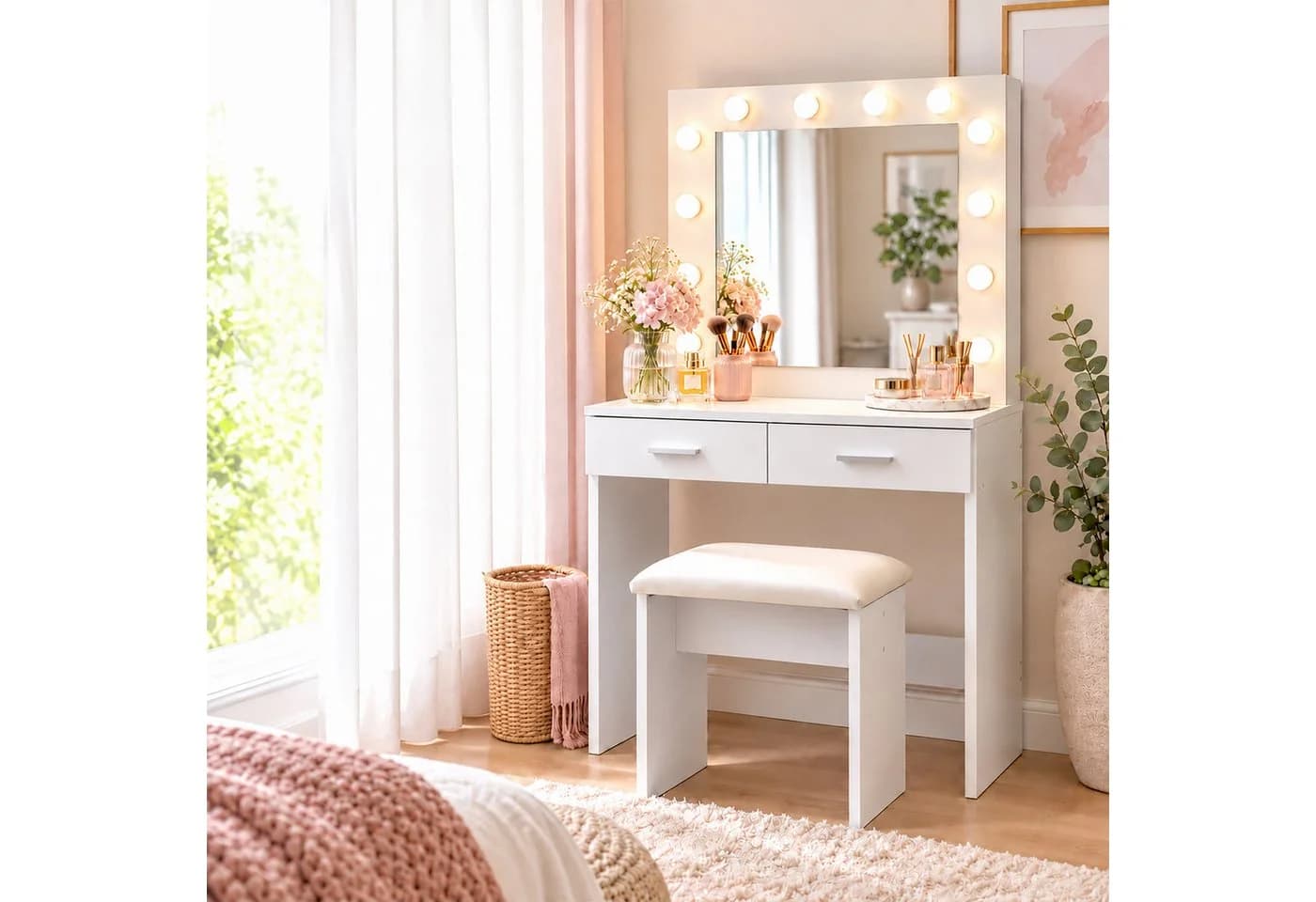 relaxdays Schminktisch mit Hocker & LED-Beleuchtung Weiß - Bild 3