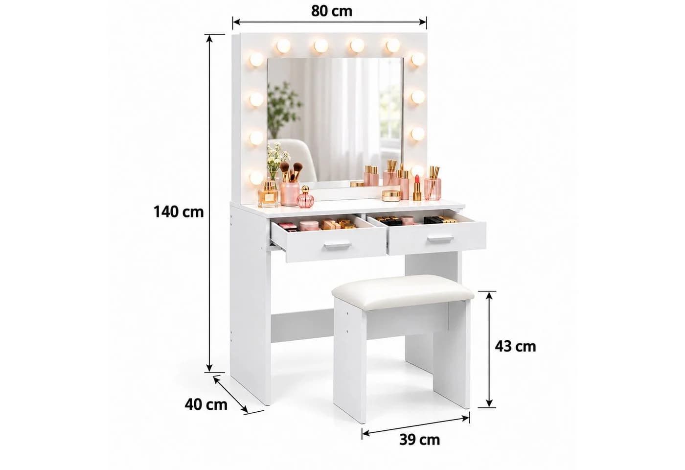 relaxdays Schminktisch mit Hocker & LED-Beleuchtung Weiß - Bild 4
