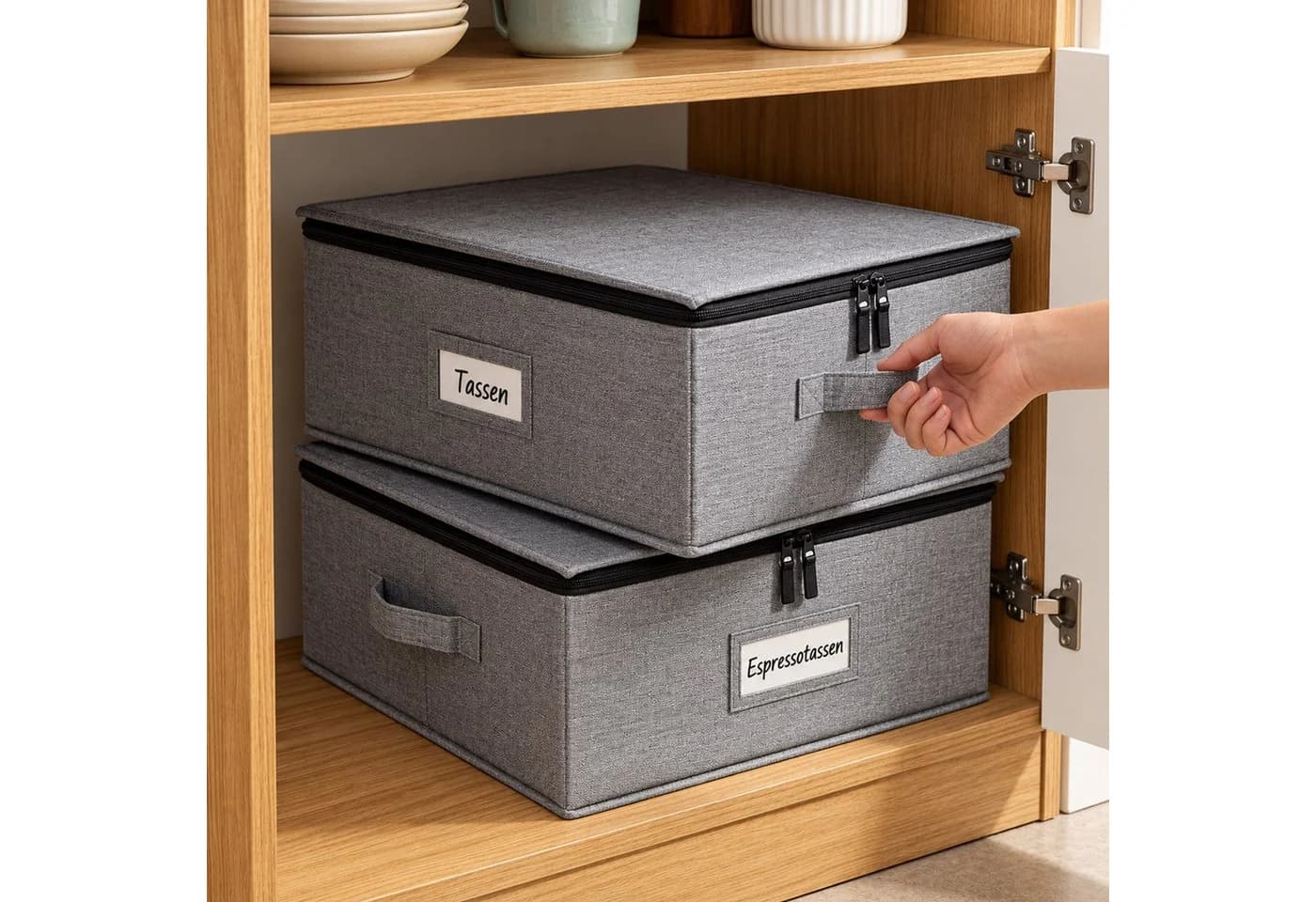 relaxdays Aufbewahrungsbox Geschirr 2er Set Grau Polyester