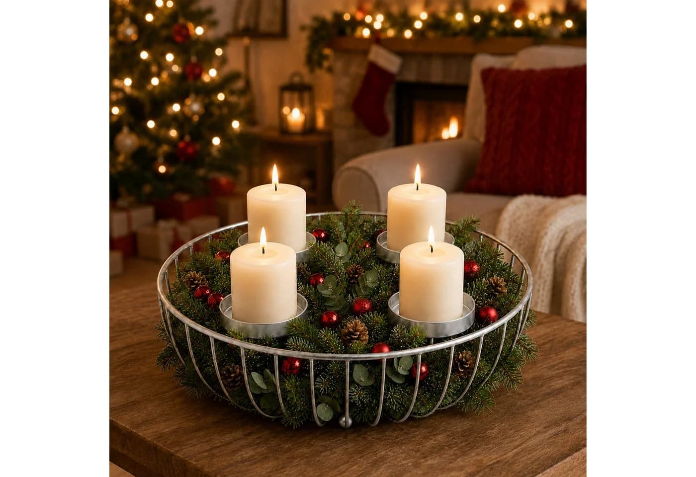 relaxdays Adventskranz Metallschale Silber Drahtgeflecht