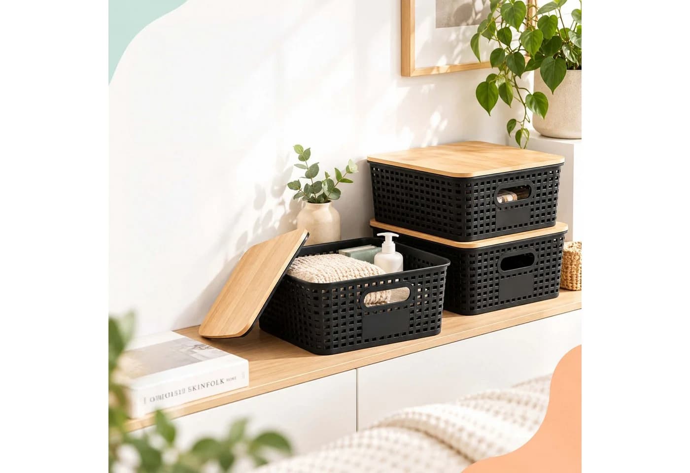 relaxdays Aufbewahrungsbox Set 3er mit Bambusdeckel Schwarz