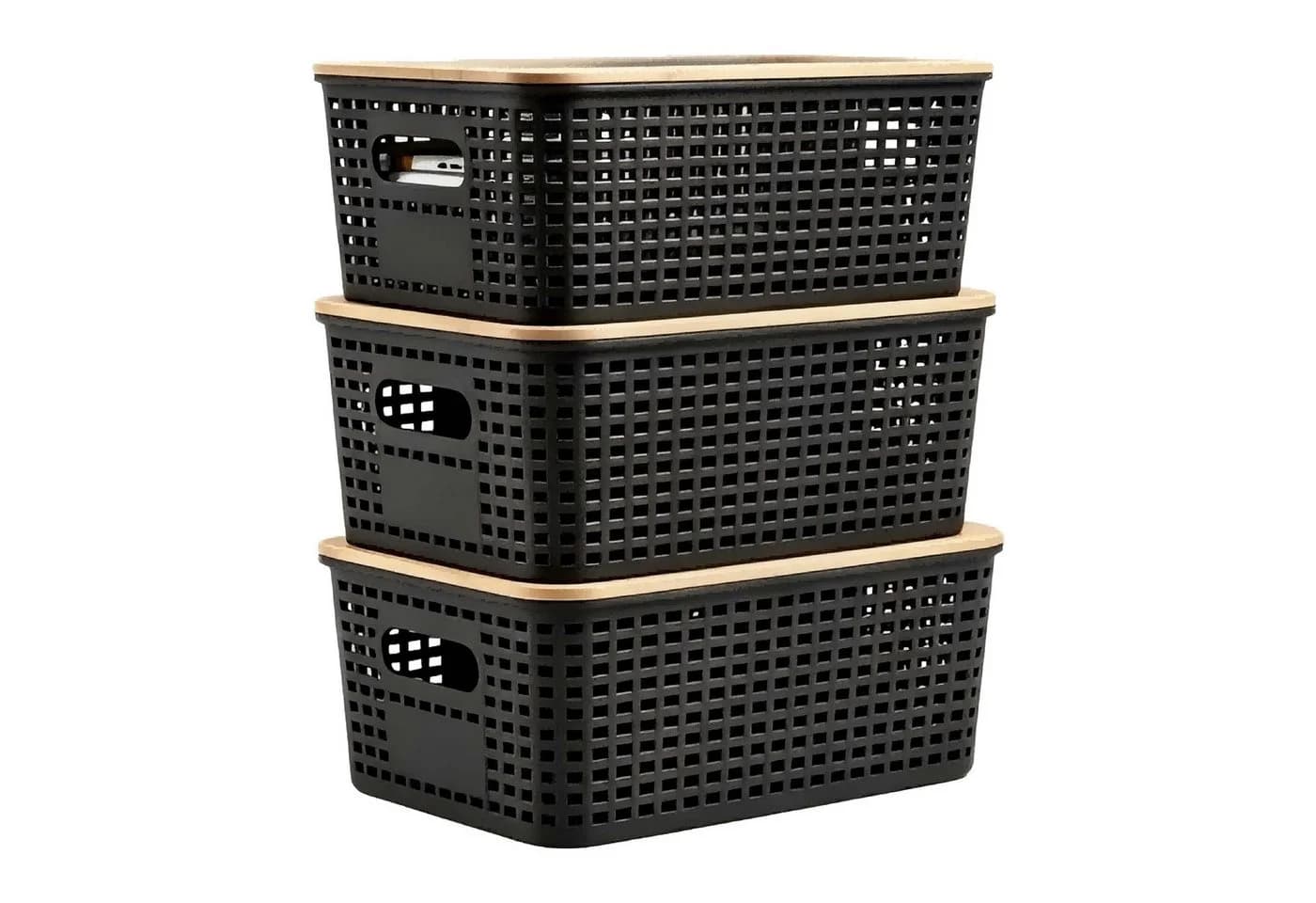 relaxdays Aufbewahrungsbox Set 3er mit Bambusdeckel Schwarz - Bild 2