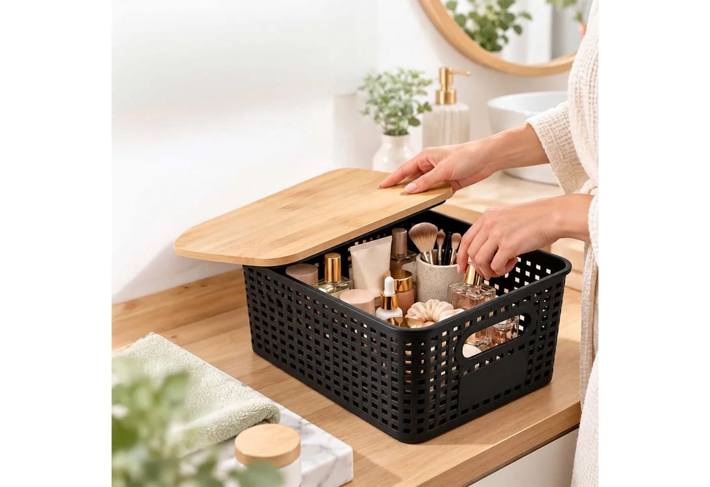 relaxdays Aufbewahrungsbox Set 3er mit Bambusdeckel Schwarz - Bild 3