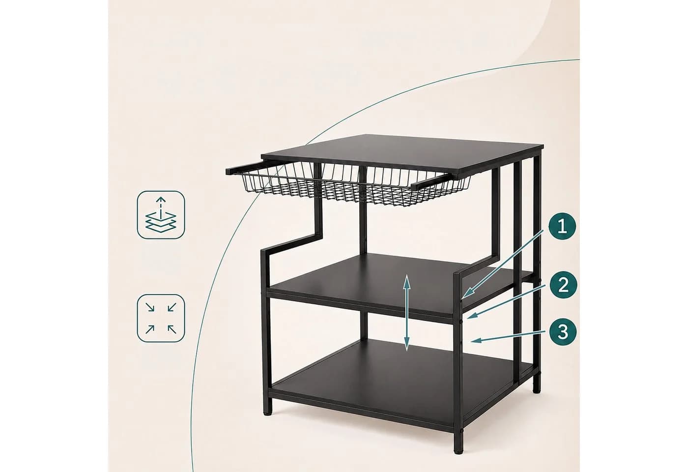 relaxdays Druckertisch mit 3 Ebenen und Schublade Schwarz - Bild 5