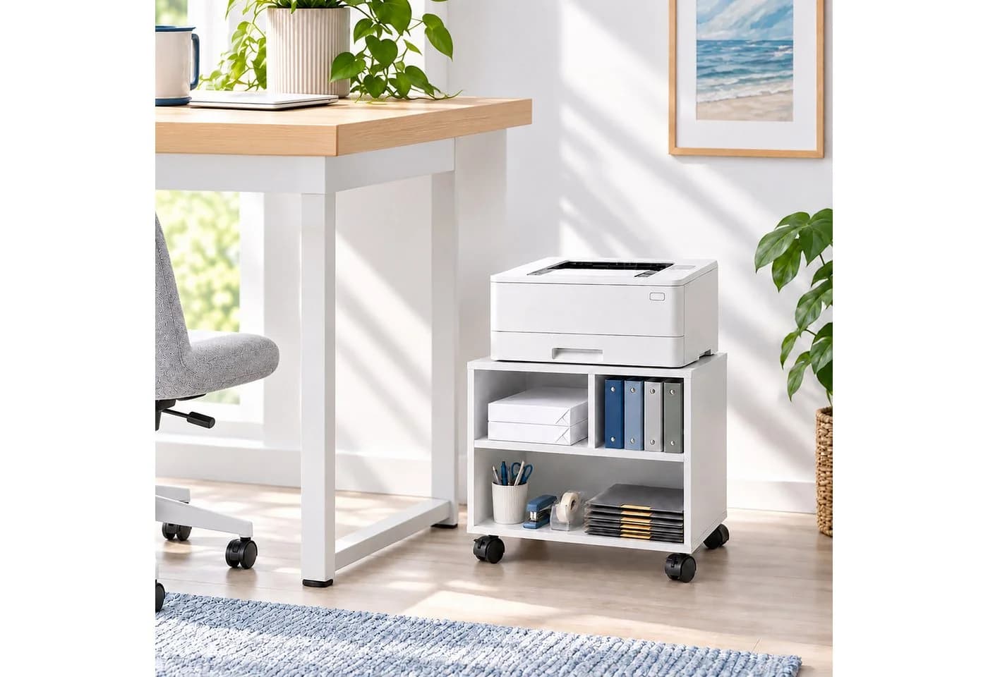 relaxdays Druckertisch mit Rollen und 3 Fächern weiß - Bild 3