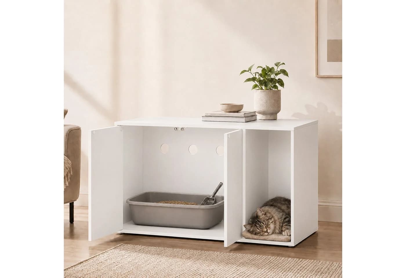 relaxdays Katzenhaus Katzenschrank für Katzenklo weiß
