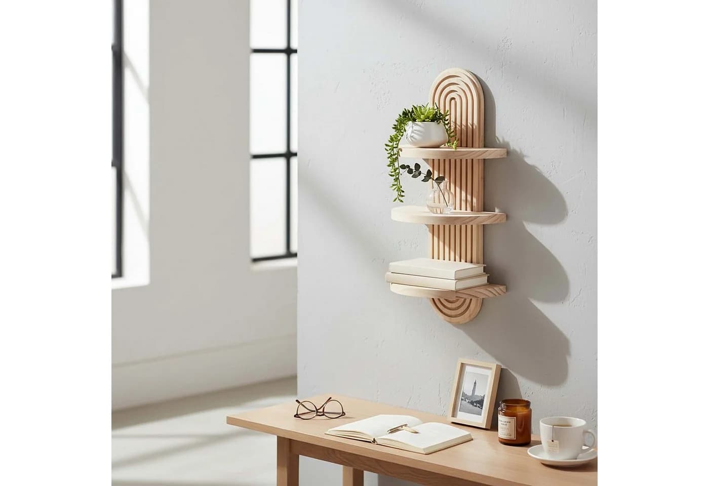 relaxdays Deko-Wandregal Boho 2er Set Kiefernholz Natur