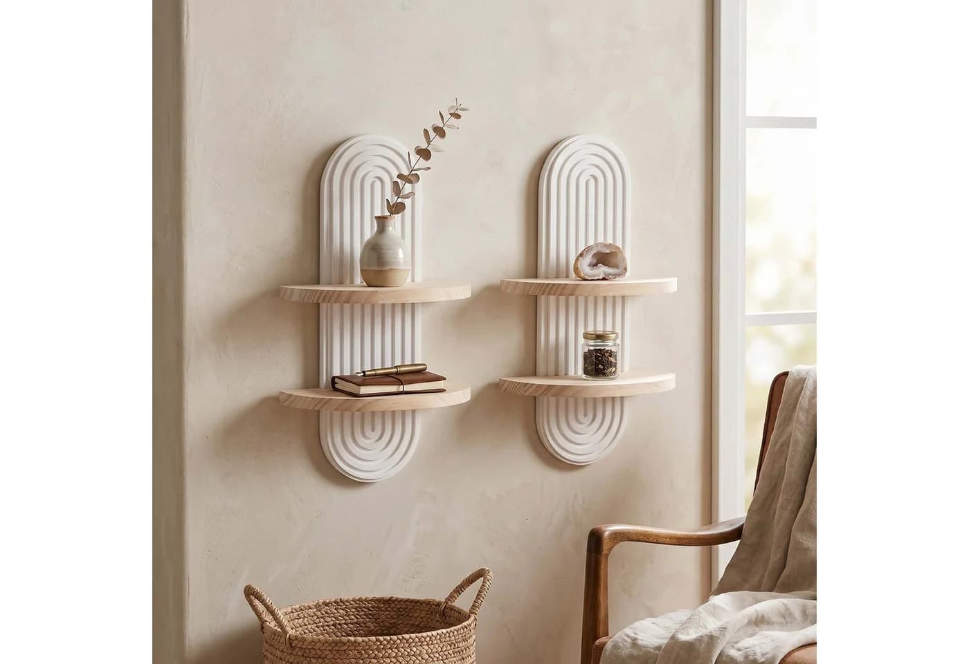 relaxdays Deko-Wandregal Boho 2er Set Kiefernholz Natur - Bild 5