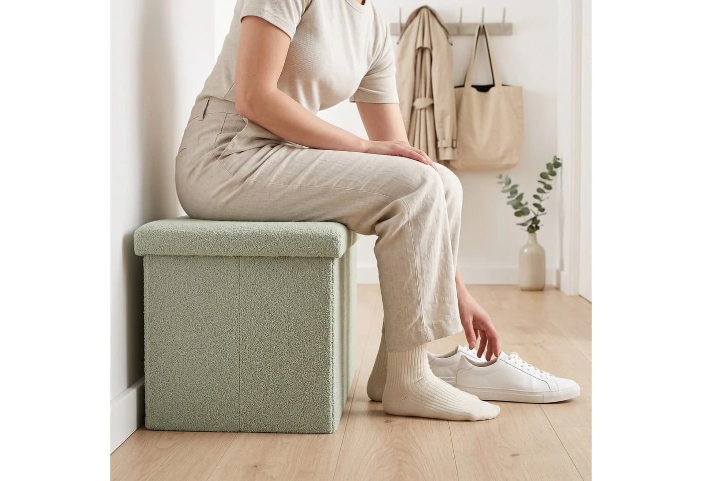 relaxdays Sitzbank aus Teddystoff Salbei mit Stauraum