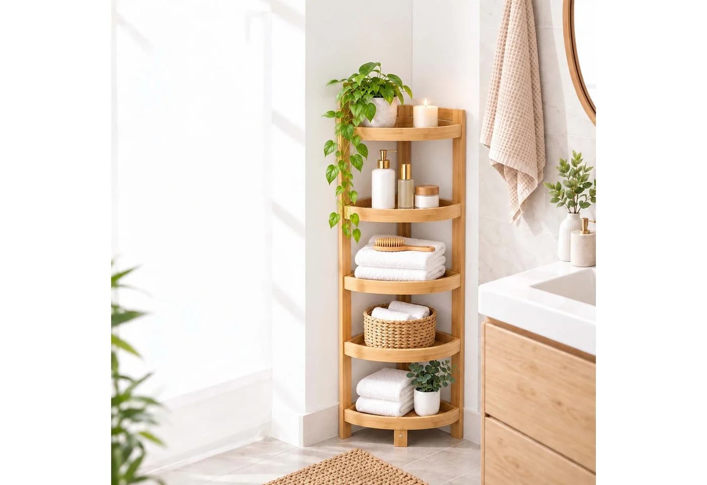 relaxdays Eckregal Bambus mit Ablagen, natur, 5 Ablagen