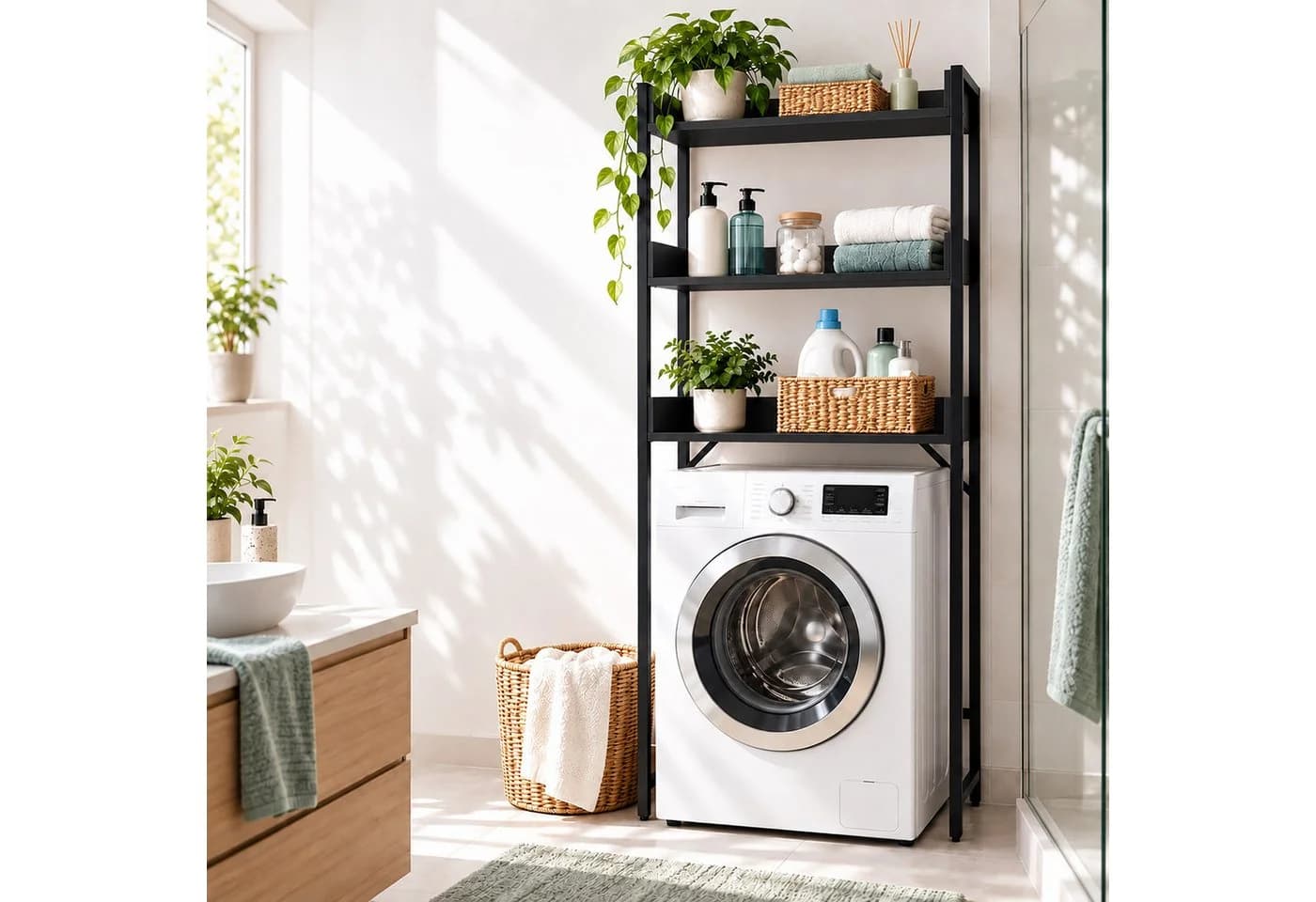 relaxdays Waschmaschinenregal 166 cm Schwarz Metall