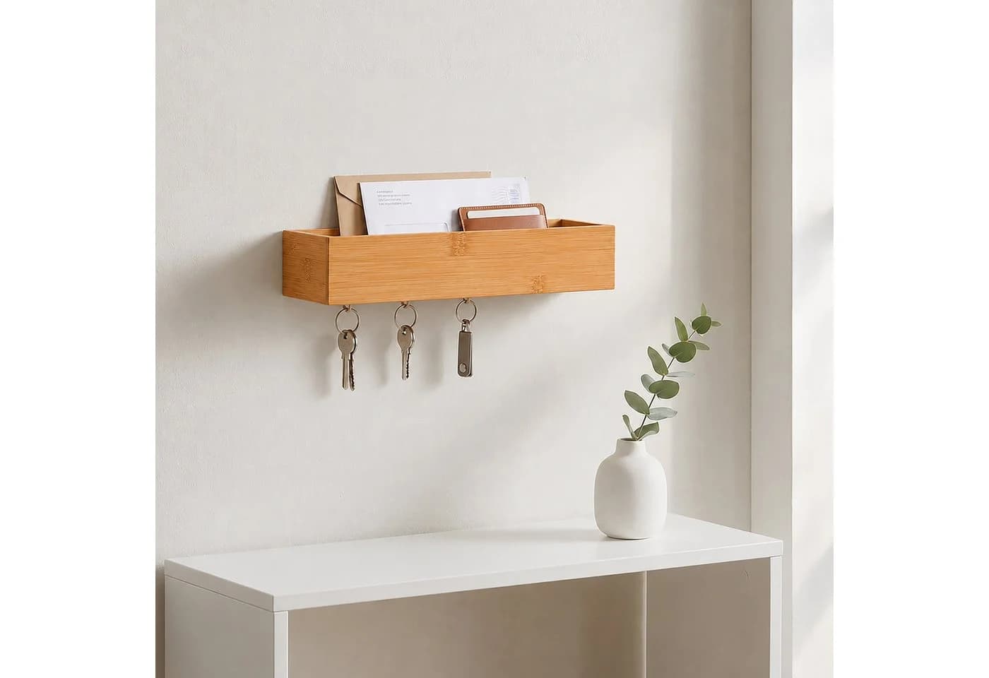 relaxdays Schlüsselleiste mit 6 Haken und Ablage, Bambus natur - Bild 3