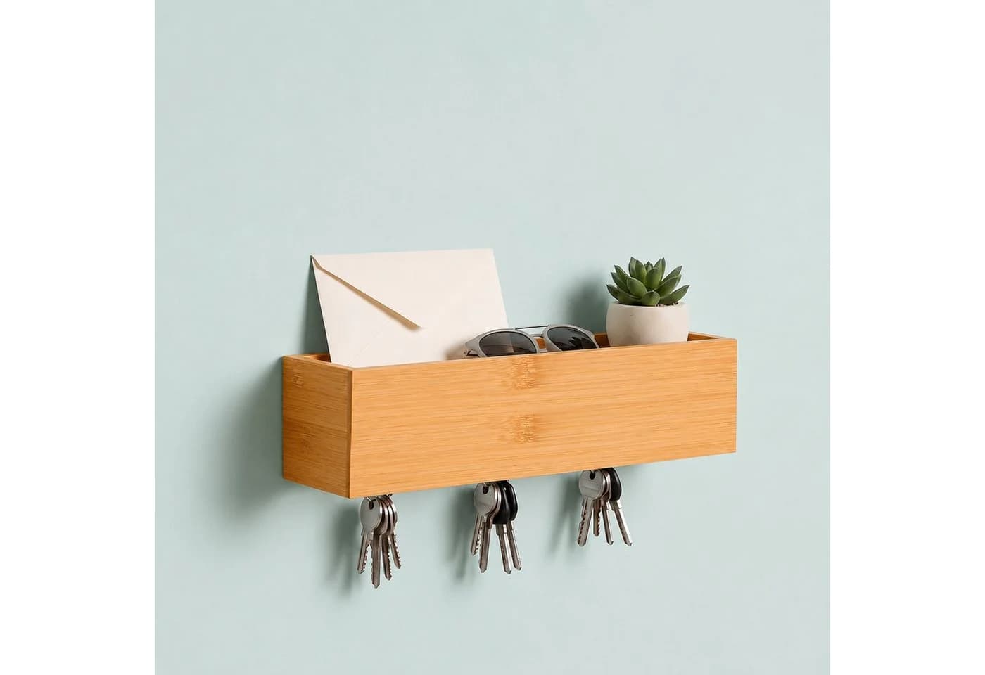 relaxdays Schlüsselleiste mit 6 Haken und Ablage, Bambus natur - Bild 5