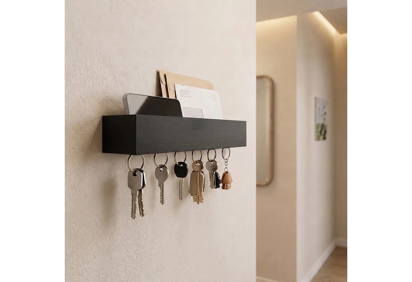 relaxdays Schlüsselleiste mit 6 Haken und Ablage, schwarz