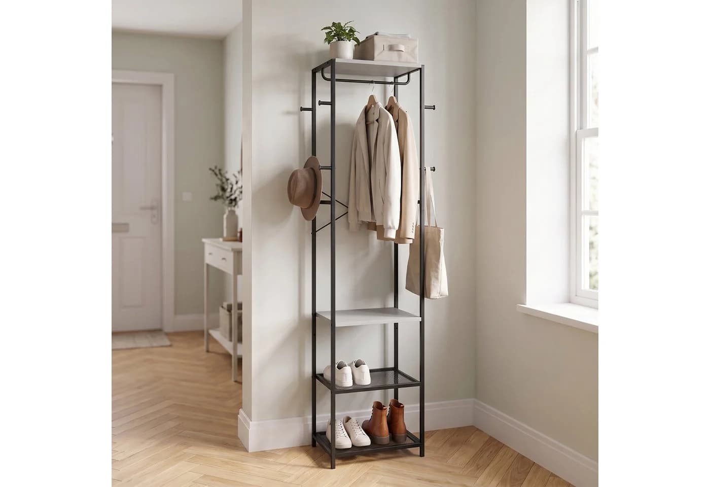 relaxdays Garderobenständer Schwarz-Grau mit Stange, 8 Haken & Ablage
