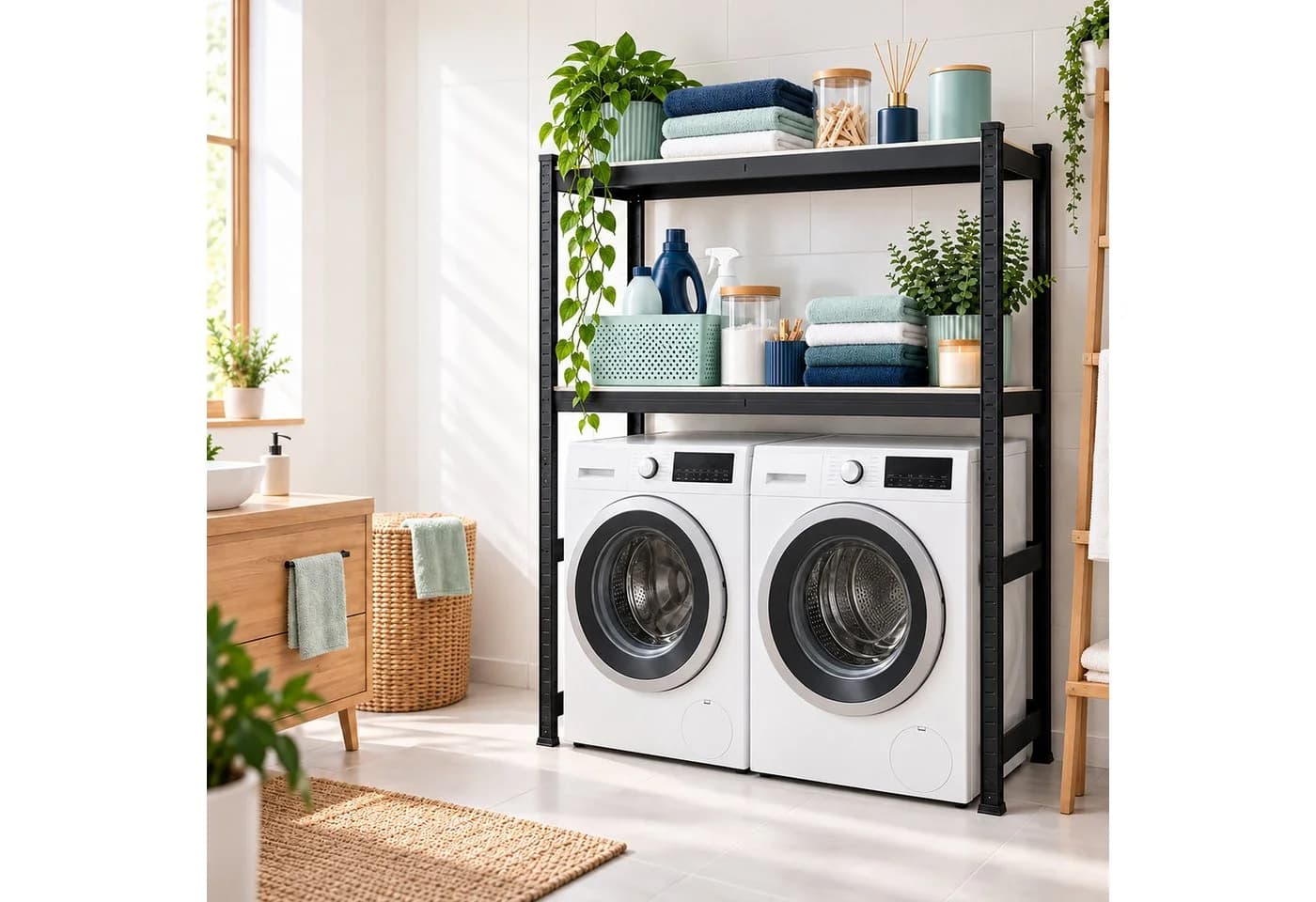 relaxdays Schwerlast Waschmaschinenregal Schwarz 9-tlg.