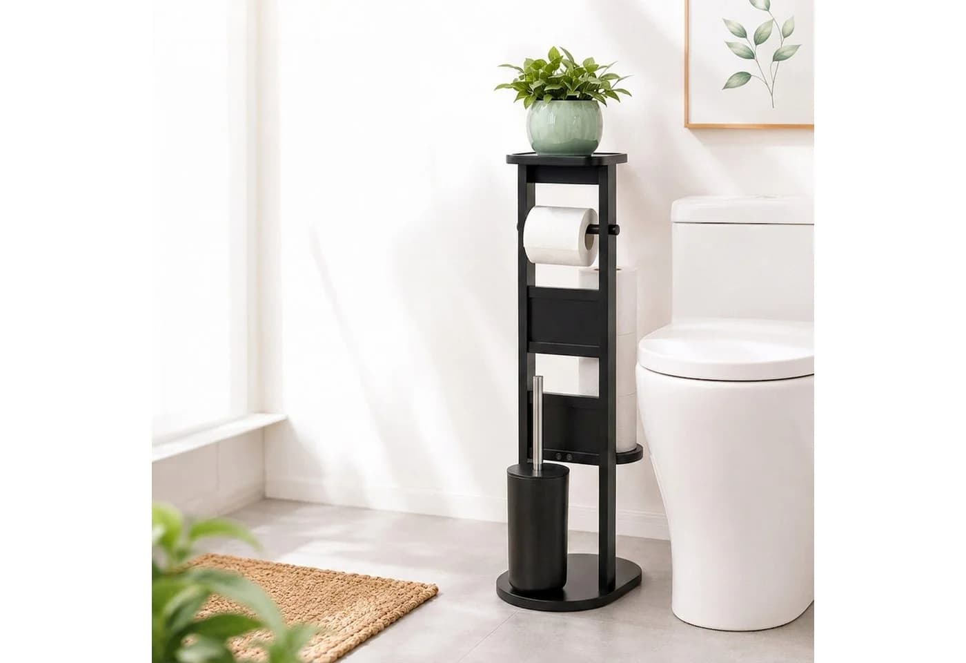 relaxdays WC-Garnitur mit Ablage Schwarz/Silber Bambus