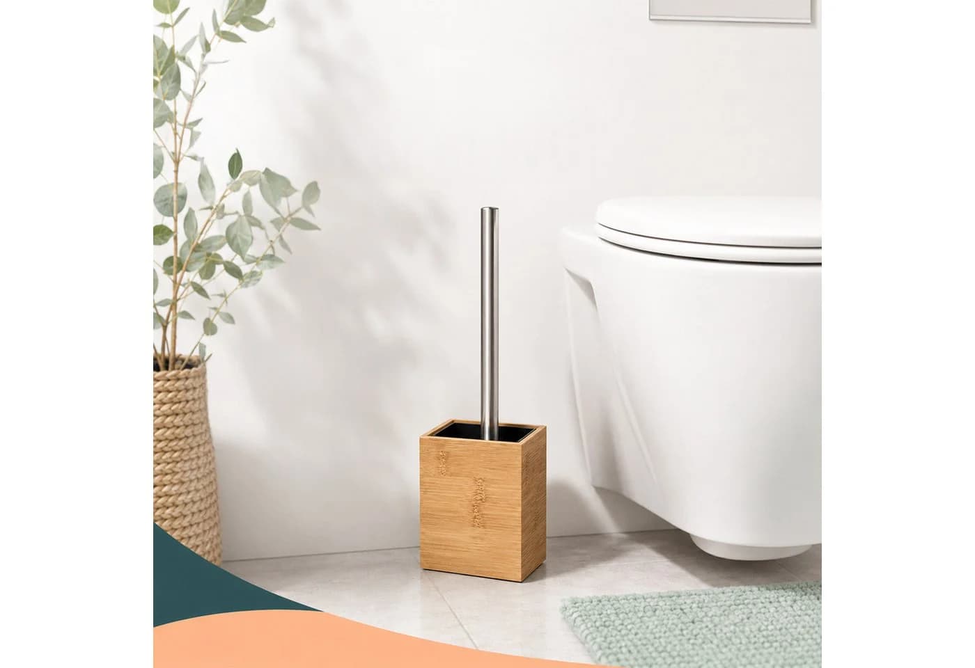 relaxdays WC-Garnitur mit Halter 4-tlg. Bambus Edelstahl