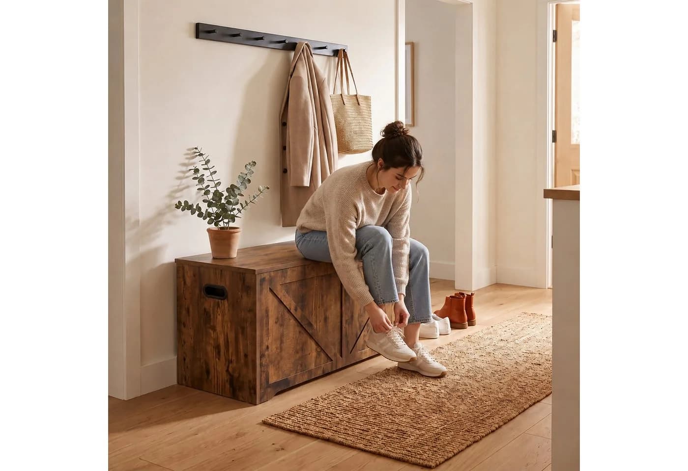 relaxdays Sitztruhe Vintagebraun mit Stauraum und Softclose