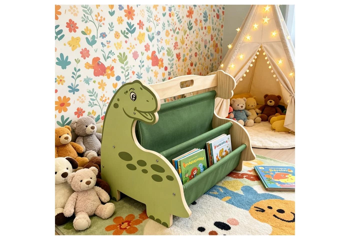 relaxdays Kinderregal Bücherregal 4 Fächer Dino Weiß/Natur - Bild 5