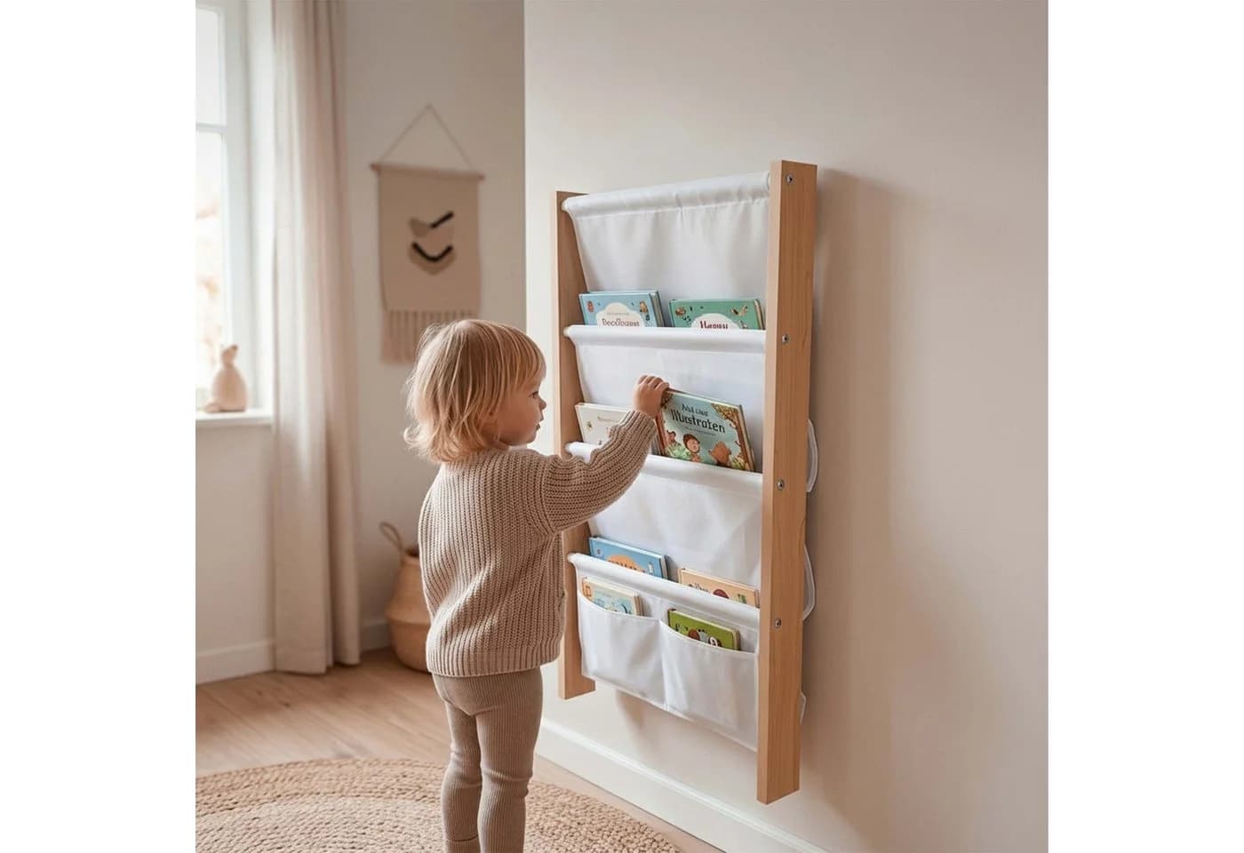 relaxdays Kinderregal Bücherregal mit Stofftaschen Wandmontage