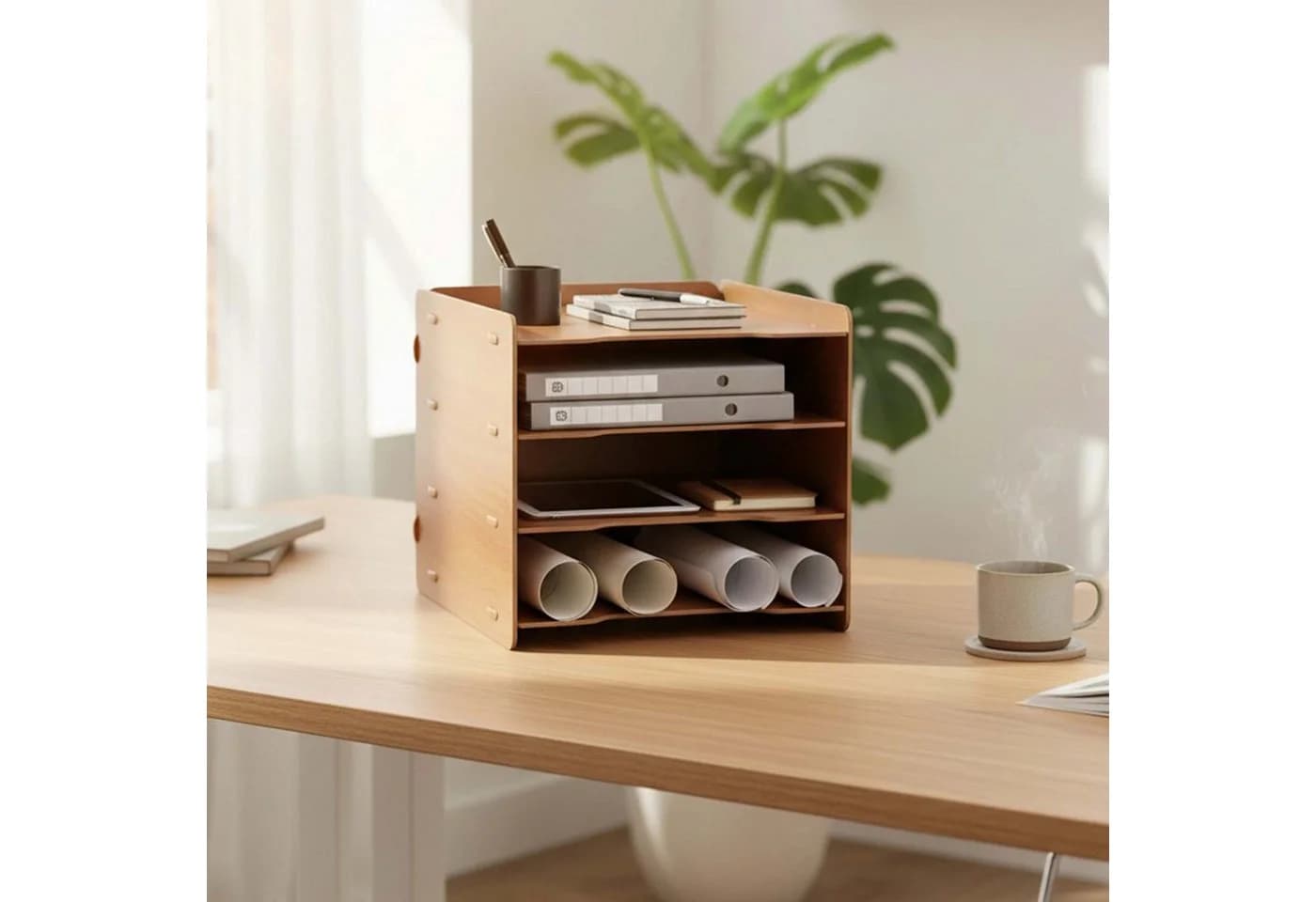relaxdays Briefablage 4 Fächer dunkelbraun MDF