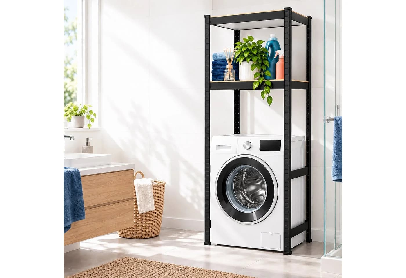 relaxdays Badregal Schwarzes Waschmaschinenregal Schwerlast