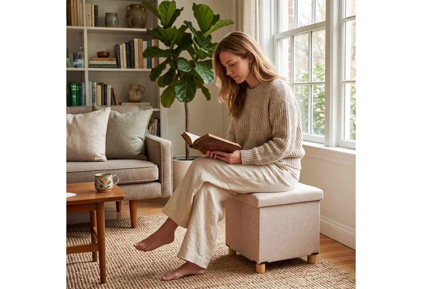 relaxdays Sitzhocker mit Stauraum Beige Leinenoptik