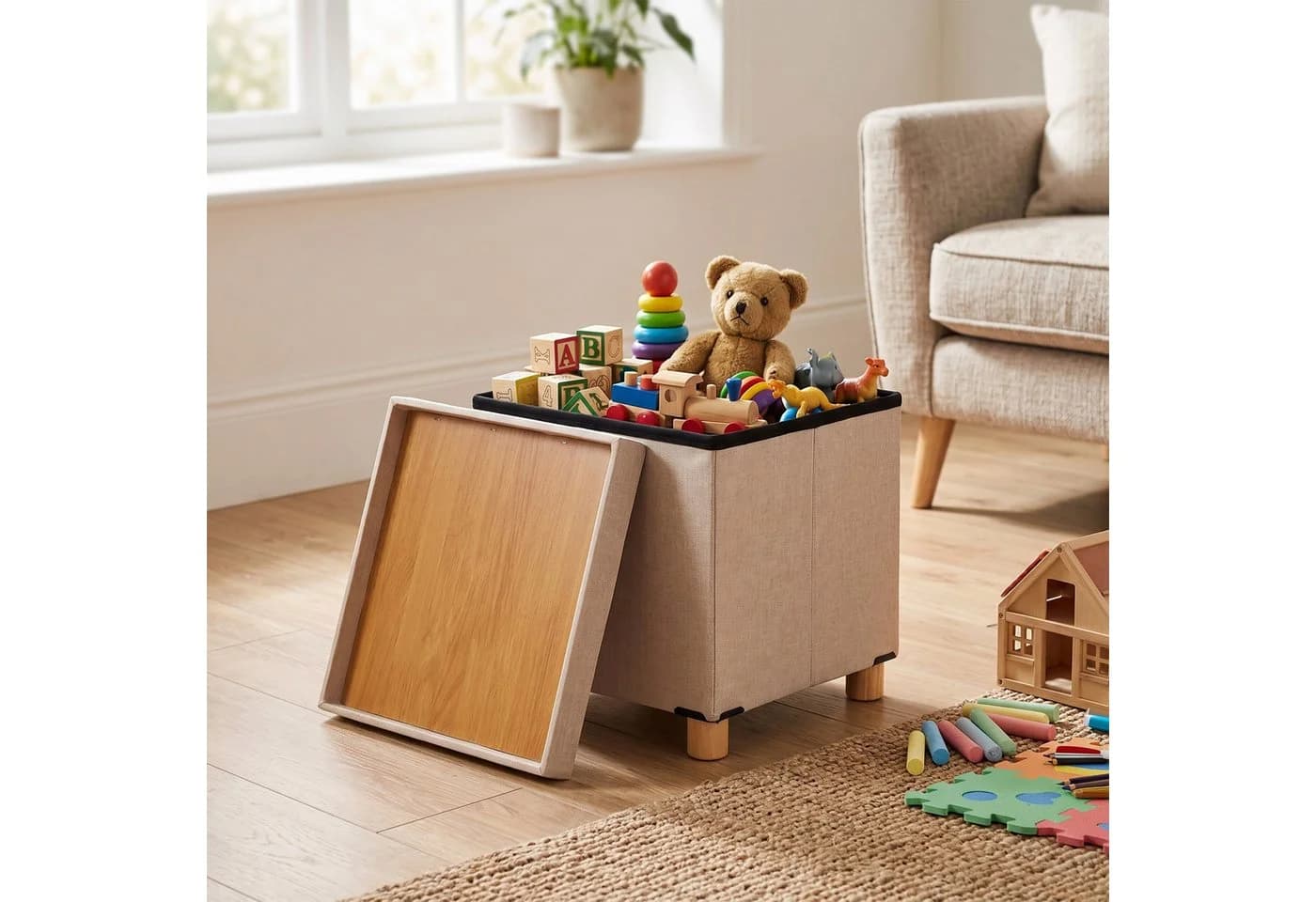 relaxdays Sitzhocker mit Stauraum Beige Leinenoptik - Bild 5