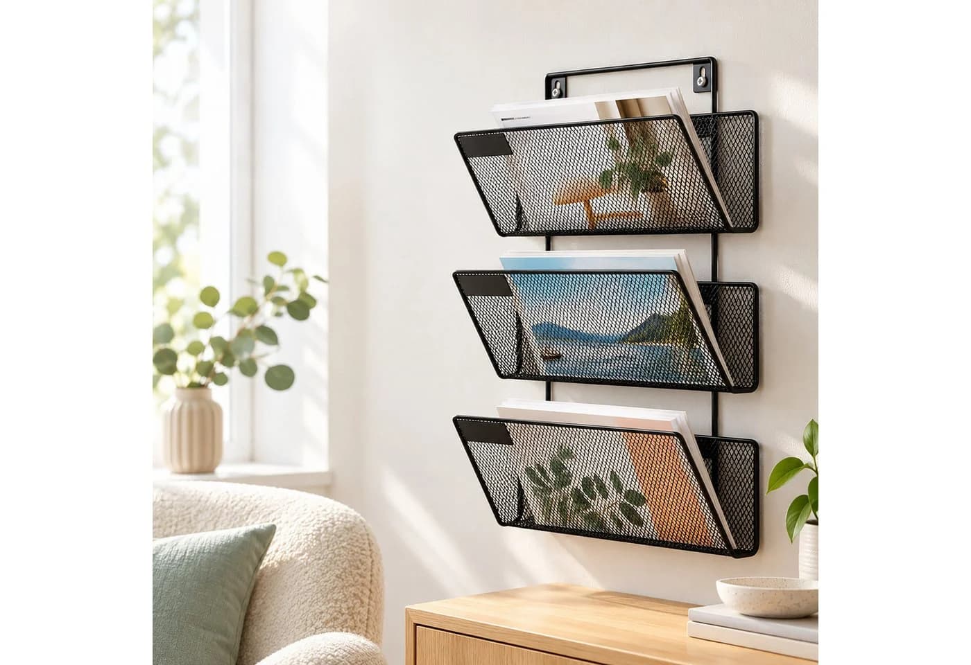 relaxdays Zeitungsständer Wandmontage Metall 3 Ablagen Schwarz